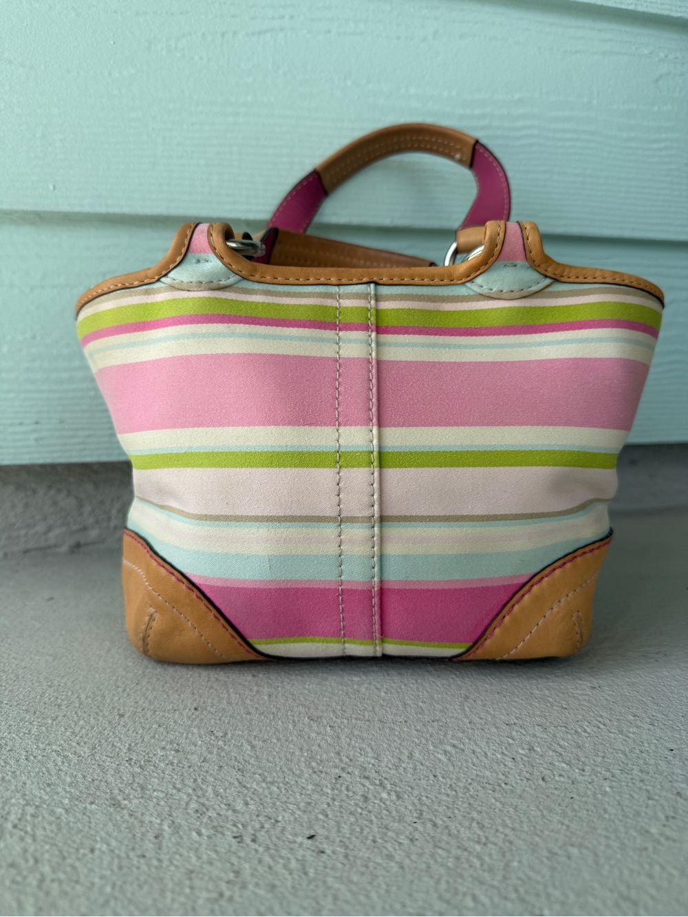 Vintage Coach Hampton Soho Stripe Satchel Style 1888 Pastel Pink Canvas Leather - Picture 4 of 7